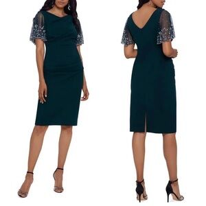 NWT Betsy & Adam 8 Emerald Green Beaded-Sleeve Sheath Cocktail Holiday Dress